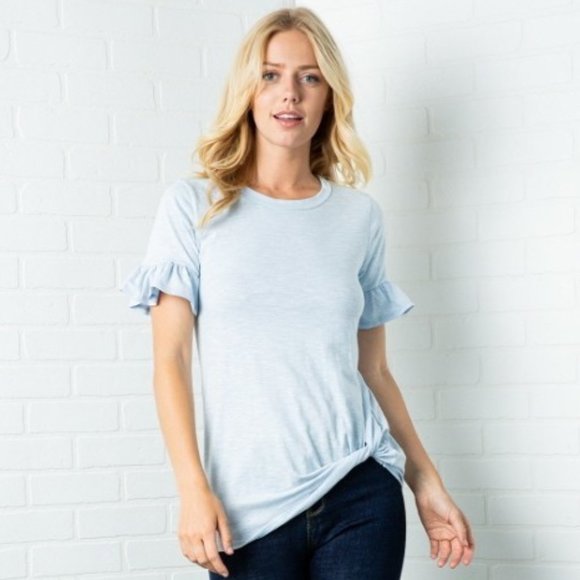 Tops - Ruffled Short Sleeve Shirt With Twisted Hem